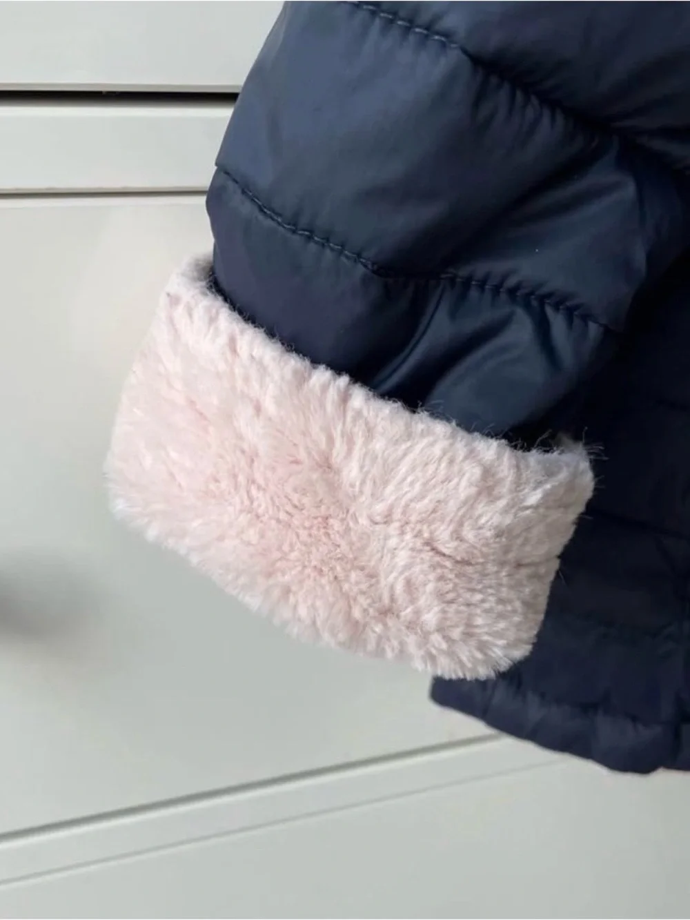 Abercrombie & Fitch Kids Navy Puffer Jacket with Pink Logo and Lined Hood